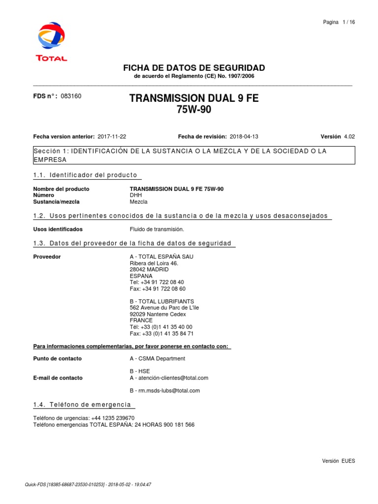 Transmission-Dual-9-Fe-75w90 TOTAL | PDF