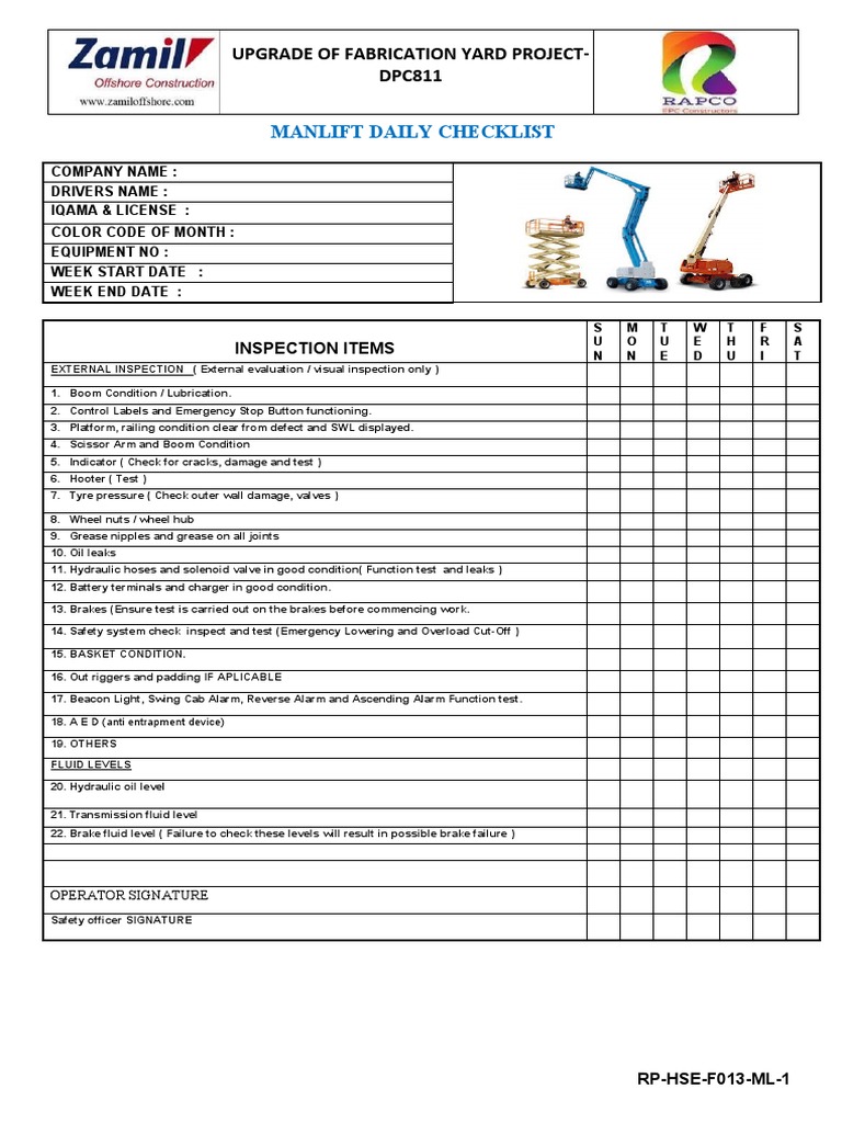 13. HSERPF013 MAN LIFT CHECKLISTML1 PDF