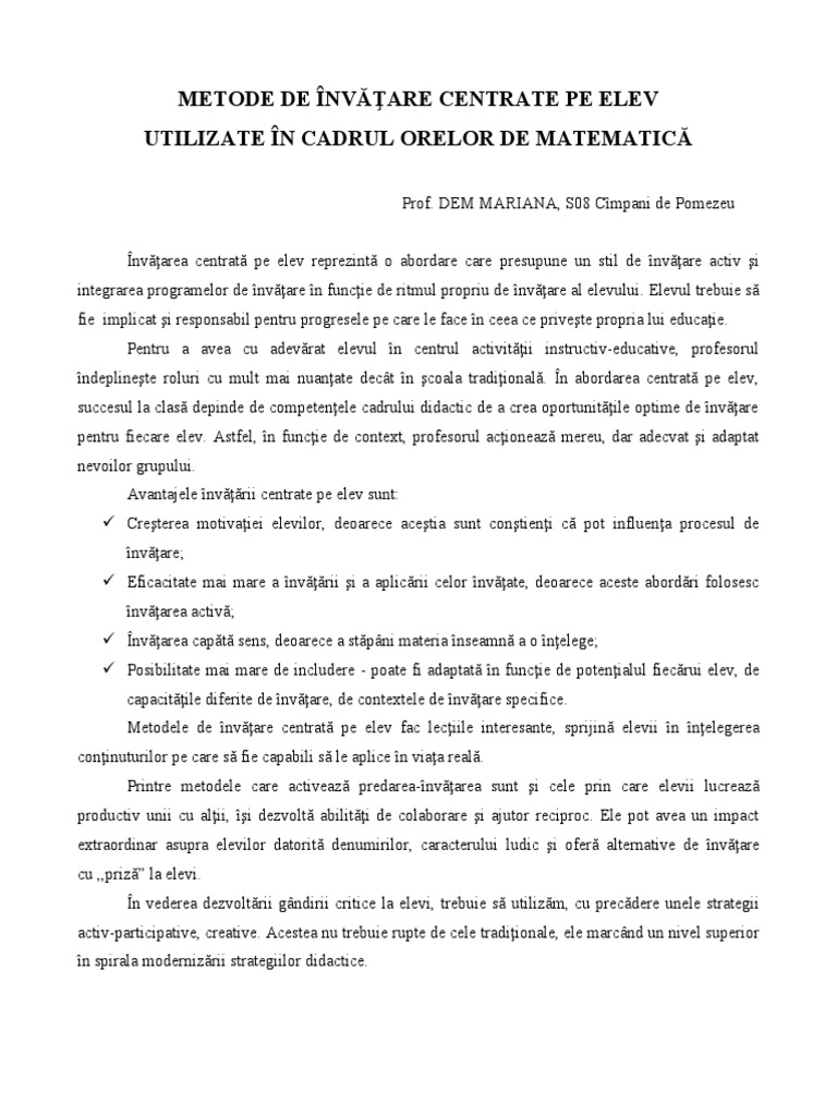 Metode de Invatare Centrate Pe Elev Referat Cerc Pedagogic 23 Nov 2010 ...