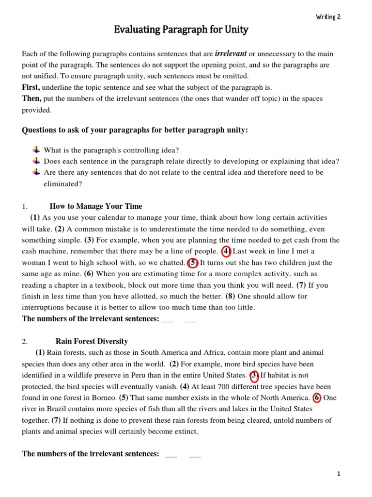Evaluating Paragraph Unity Exercises | PDF
