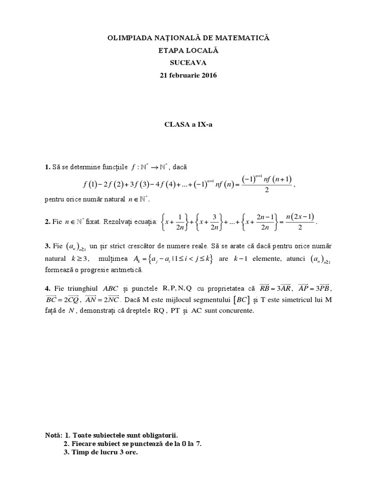 2016 Matematica Locala Suceava Clasa A Ixa Subiectebarem | PDF