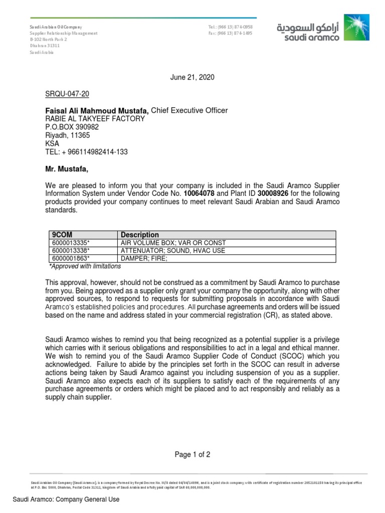 Saudi Aramco 9COM Supplier Approval | PDF | Saudi Arabia | Supply Chain