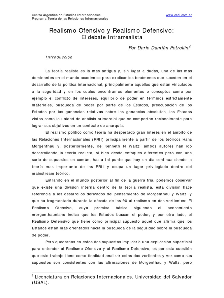 Realismo Ofensivo vs. Defensivo en RRII | PDF | Realismo filosófico ...