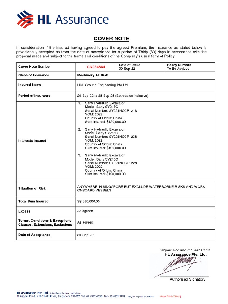 Insurance Sany Excavator PDF Insurance Service Industries