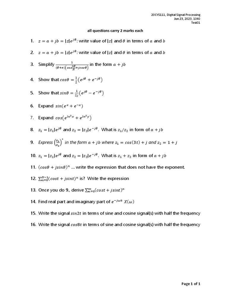 Digital Signal Processing Test Questions | PDF