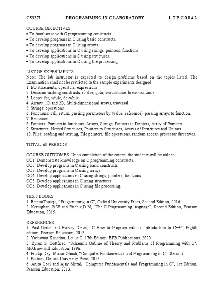 Cs3271 programming in c laboratory pdf