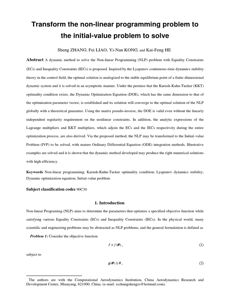 Transform The Non-Linear Programming Problem To The Initial-Value ...