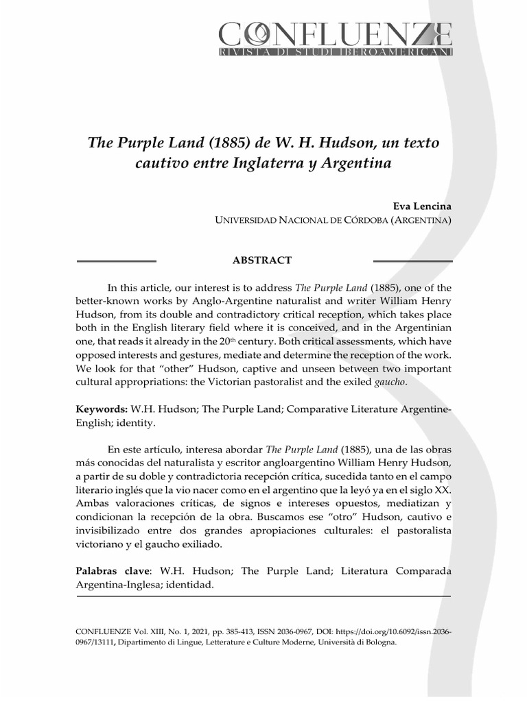 The Purple Land 1885 de W H Hudson Un Te PDF