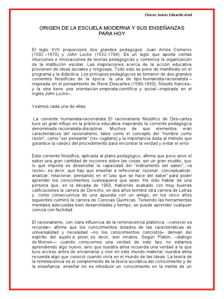 Orígenes de la Escuela Moderna y Educación | PDF | Conocimiento | Empirismo