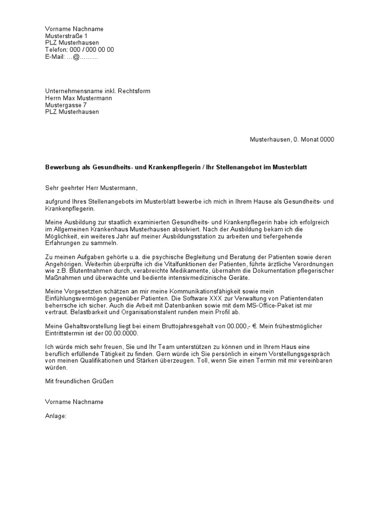 Bewerbungsanschreiben Gesundheits Und Krankenpfleger PDF