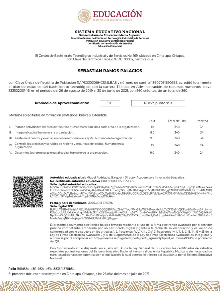 Certificado de Bachillerato Tecnológico | PDF