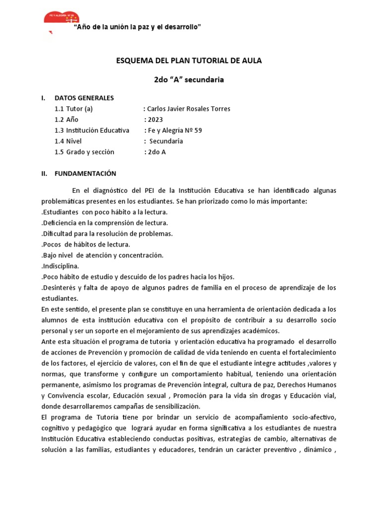 Plan de Tutoría 2do A Secundaria 2023 | PDF | Maestros