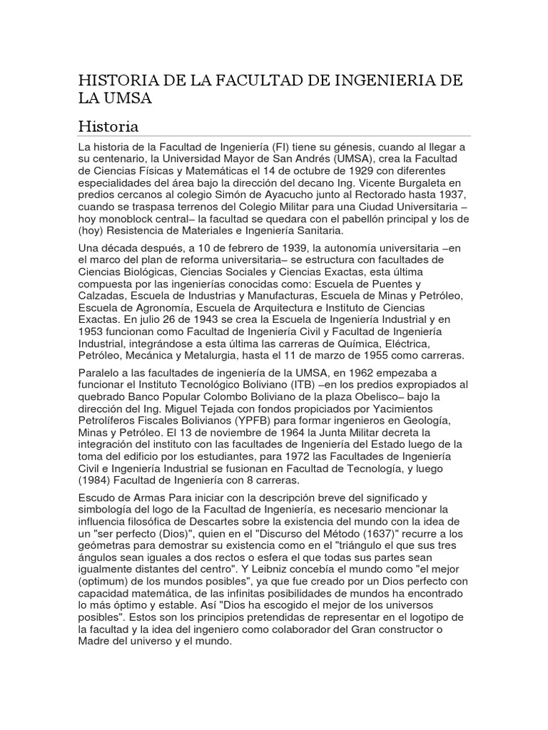 Historia de la Facultad de Ingeniería UMSA | PDF | Ingeniería | Science