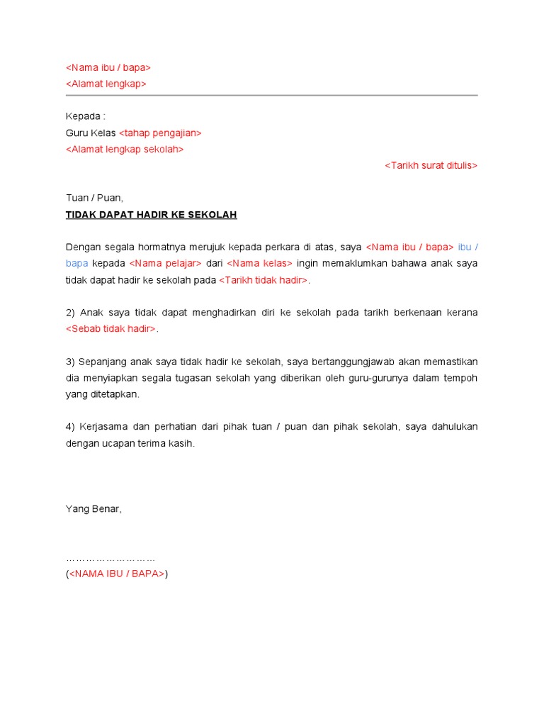 Surat Rasmi Pelajar Tidak Hadir Ke Sekolah | PDF
