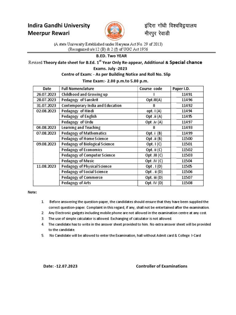 Revised Theory date sheet for B.Ed. 1st Year Only Reappear, and