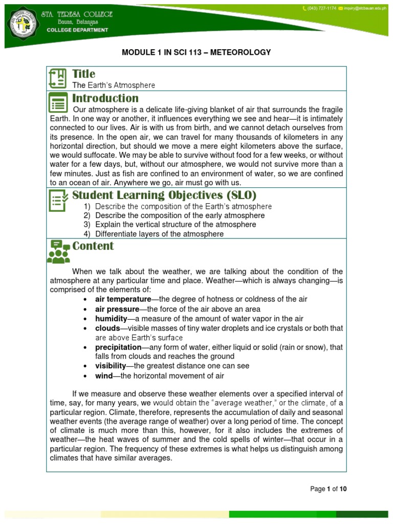 Module 1 The Earths Atmosphere Pdf Atmosphere Of Earth Troposphere