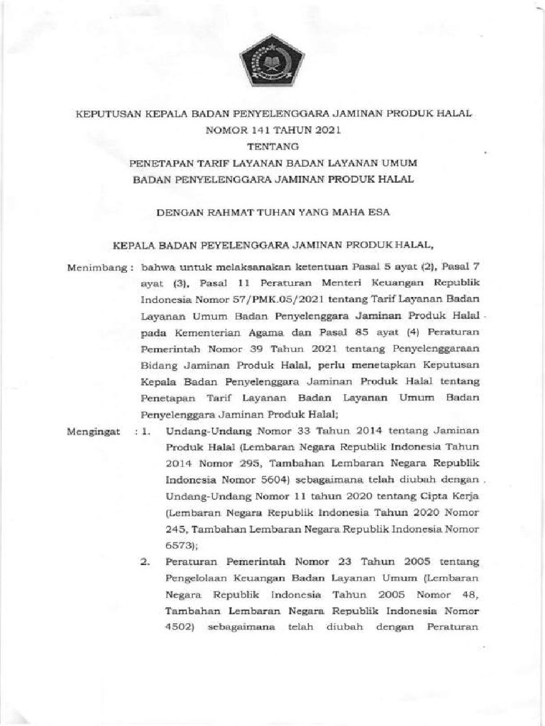 21 Kepkaban No 141 Tahun 2021  Penetapan Tarif Layanan BLU BPJPH