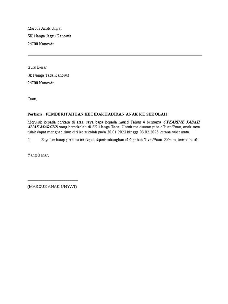 Surat Makluman Ketidakhadiran Ke Sekolah Pdf