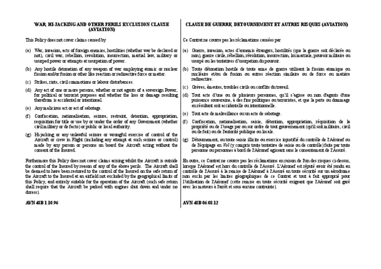 Avn 48B War Hi Jacking and Other Perils Exclusion Clause Aviation en FR