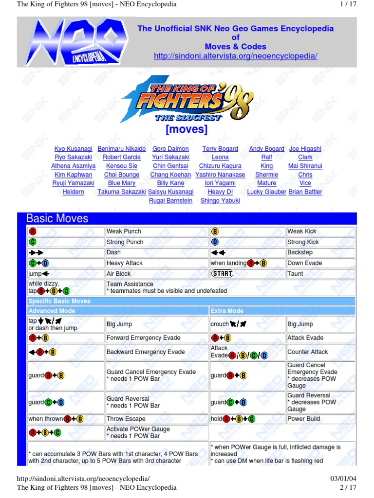 KOF 98 Move and Combo Guide | PDF