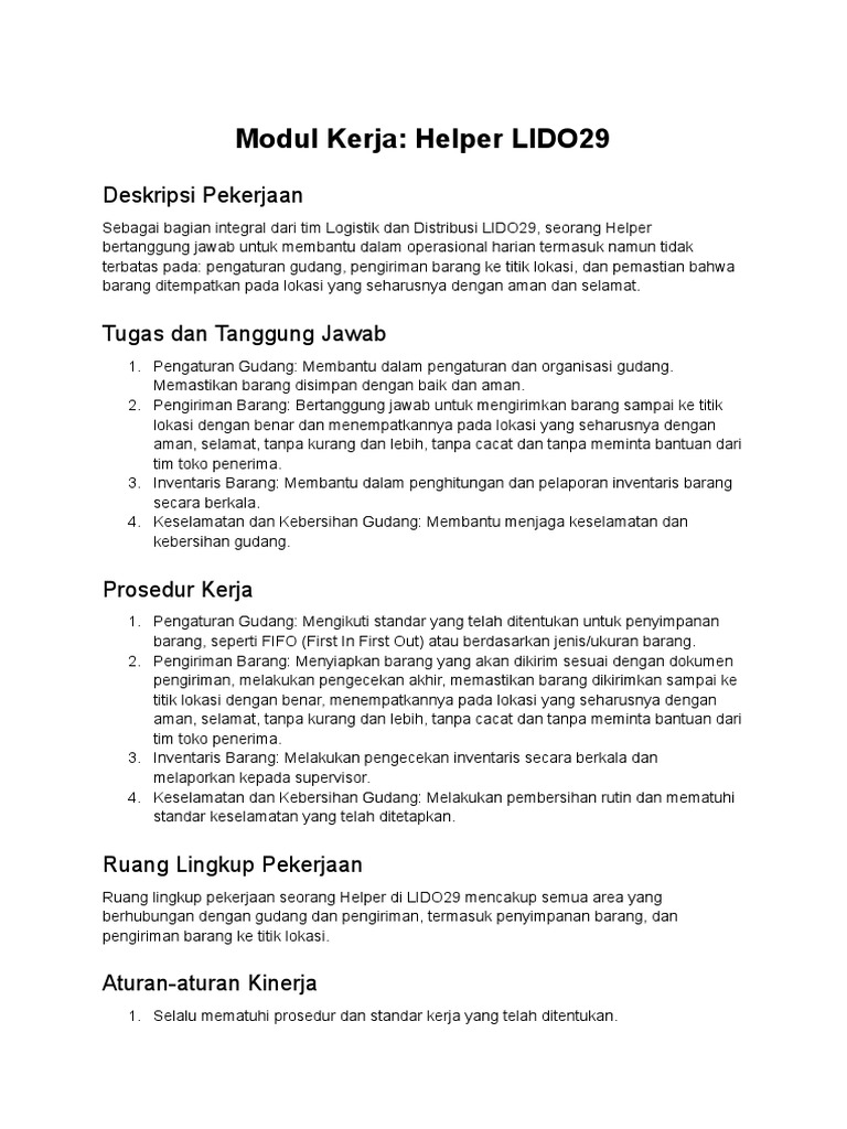 Tugas dan Kompetensi Helper LIDO29 | PDF | Pengelolaan Keuangan & Uang