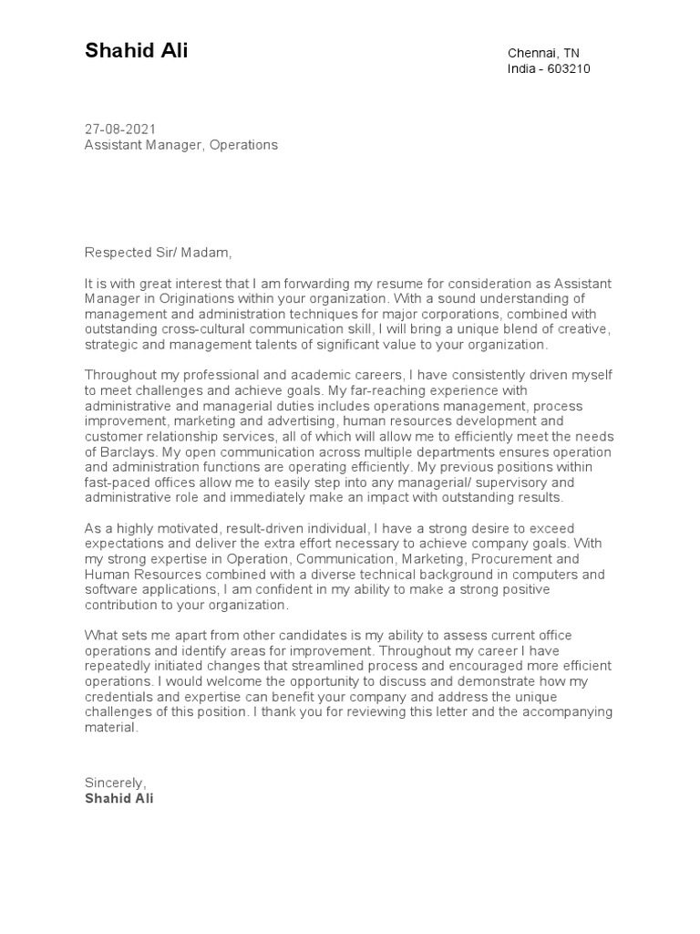 Cover Letter Shahid Ali Barclays PDF