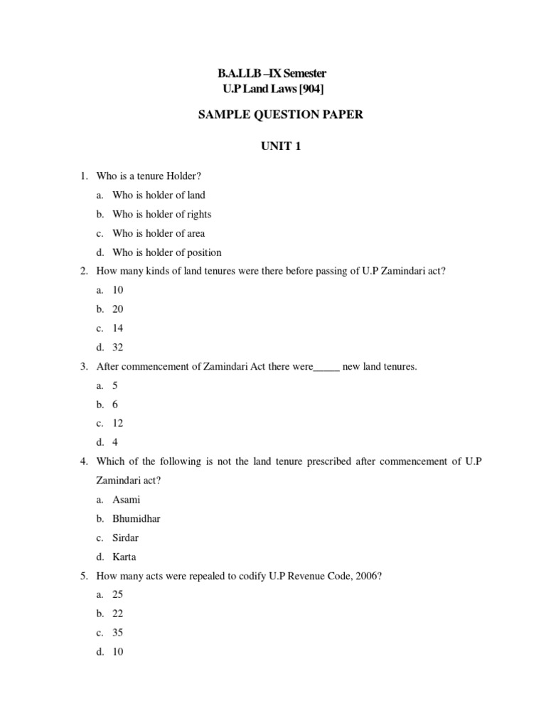 U.P. Land Laws Sample Question Paper | PDF | Government | Justice