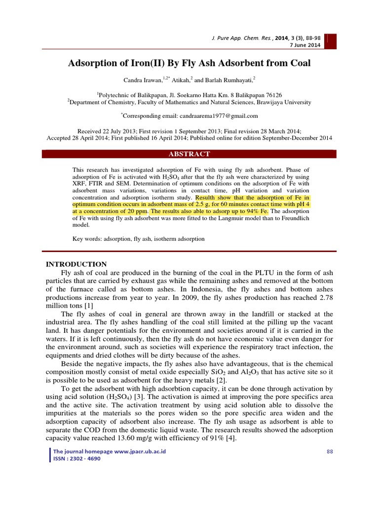 Adsorption of Iron (II) by Fly Ash Adsorbent From Coal | PDF