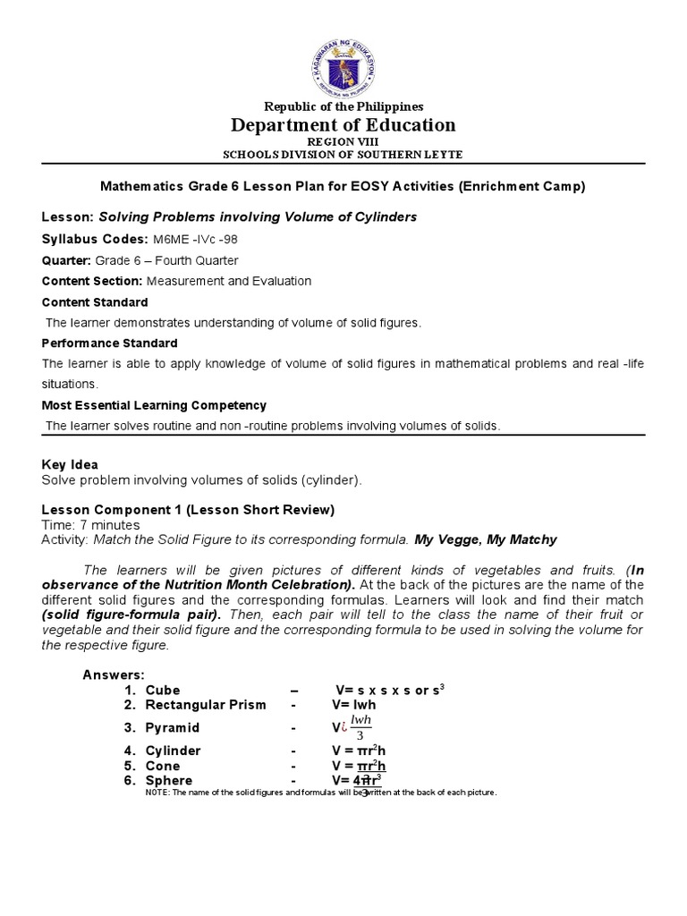 Mathematics Grade 6 Lesson Plan 1 NLC | PDF