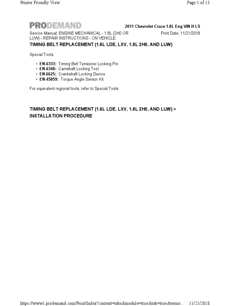 Cruze 1.8L Eng VIN H Timing Belt Replacement | PDF | Mechanical