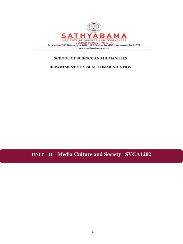 Media Culture and Society SVCA1202 UNIT 2 PDF Mass Media Human