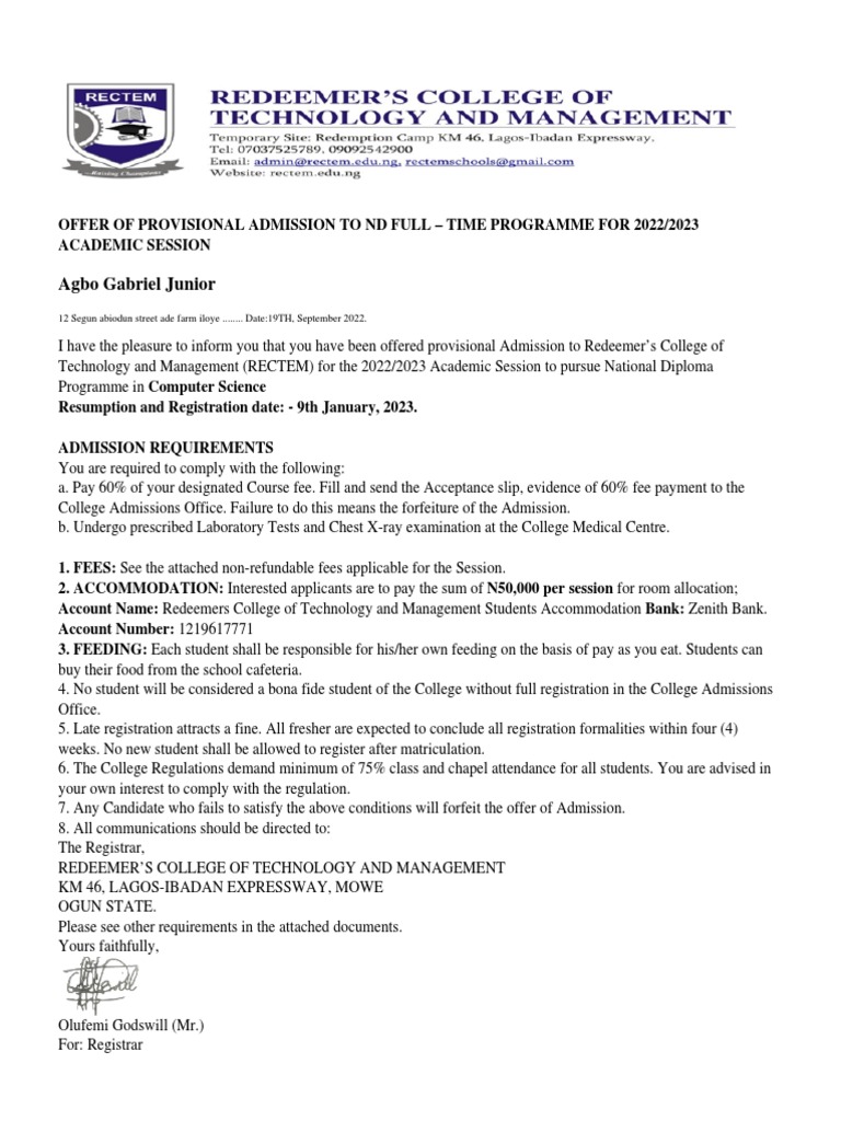 Rect em Admission Letter | PDF