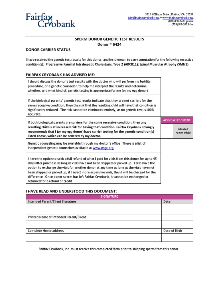 Sperm Donor Genetic Test Results Donor # 6424 Donor Carrier Status | PDF