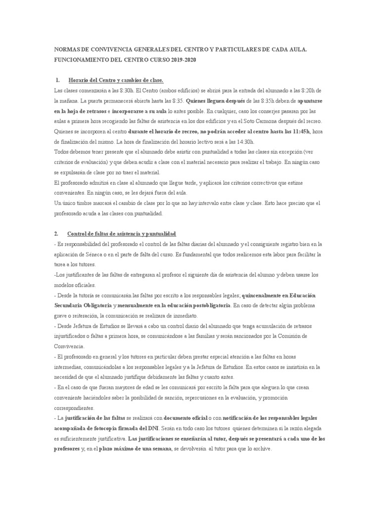 Normas de Convivencia y Asistencia Escolar | PDF | Salón de clases ...
