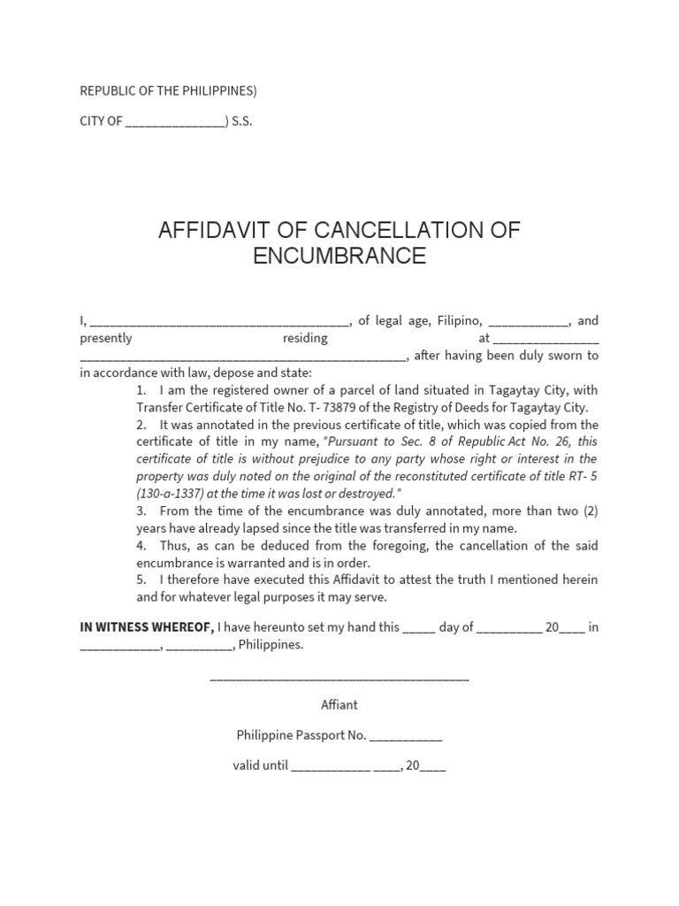 Affidavit for Cancellation of Encumbrance | PDF