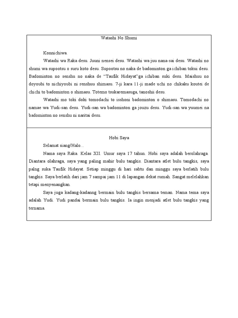 Hobi Saya: Bulu Tangkis dan Teman | PDF
