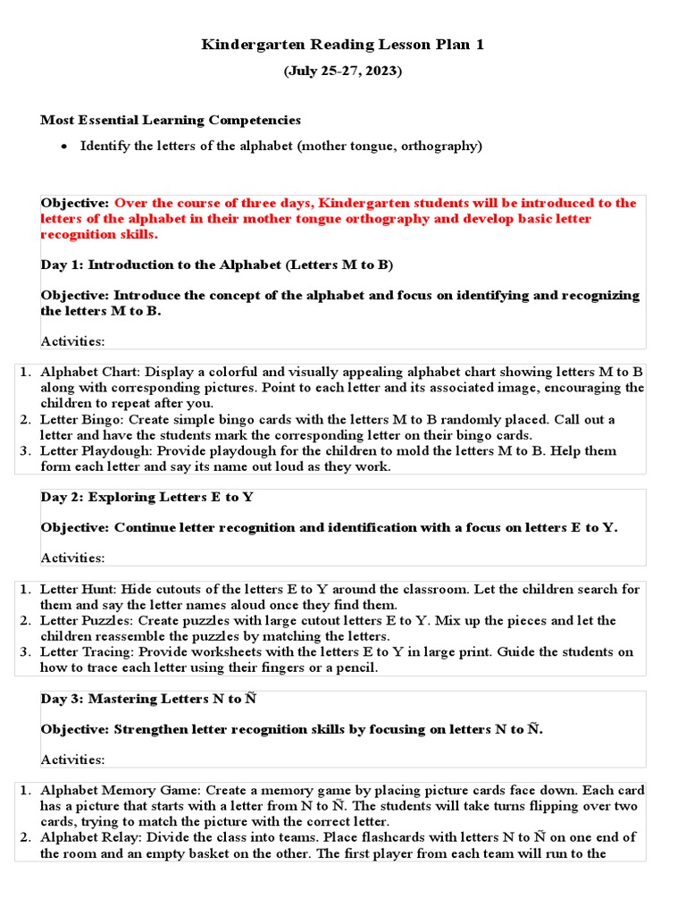 Kindergarten Reading Lesson Plan 1 NLC | PDF