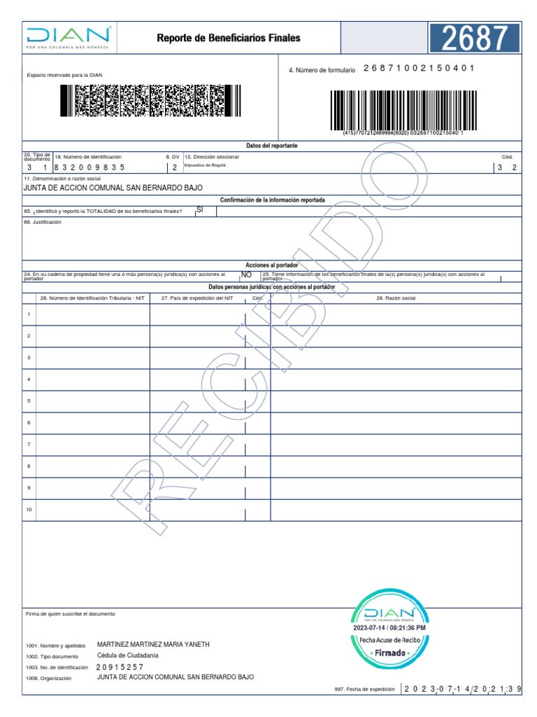 Formato 2687: Certificado Beneficiarios Finales | PDF | Colombia