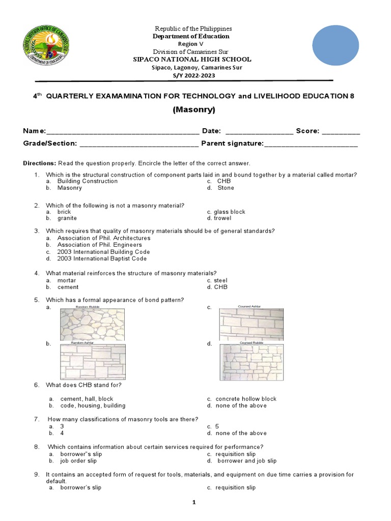 4th Quarterly Exam Masonry PDF Masonry Occupational Safety And Health