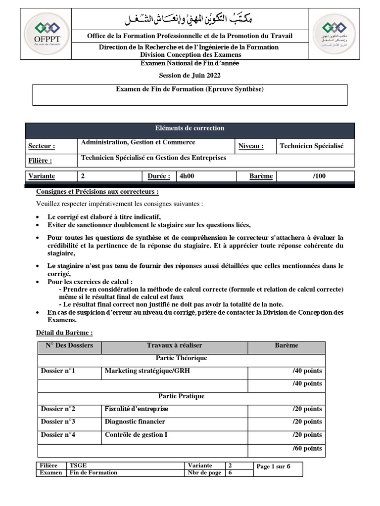 Examen TSGE 2022 : Corrigé et Barème | PDF | Recrutement | Business