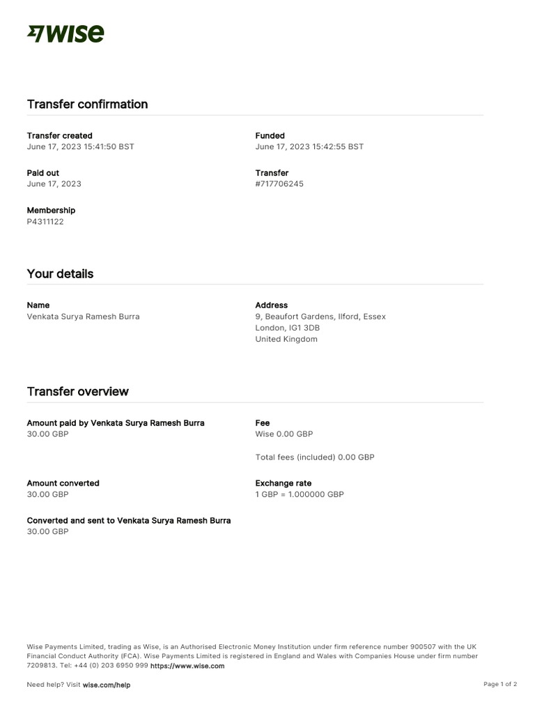 Wise Transaction Invoice Transfer 717706245 1258986060 En-1 | PDF