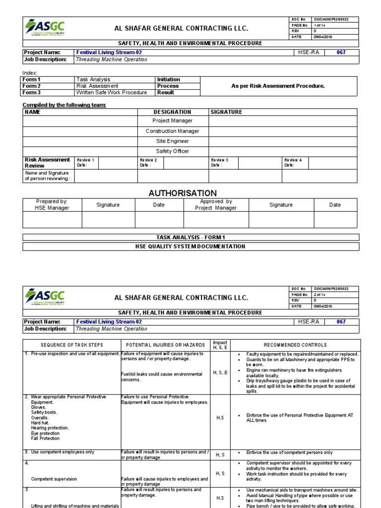 Threading Machine Safety Procedures | PDF | Personal Protective ...