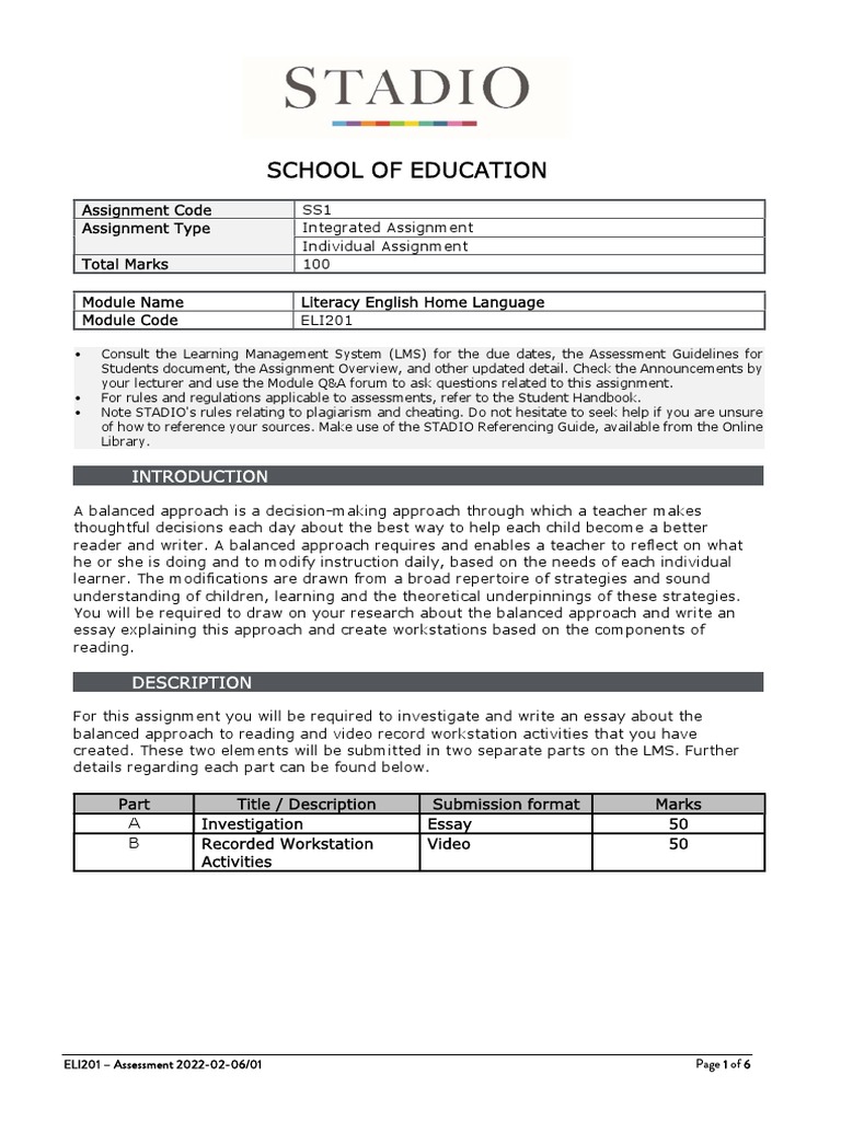 ELI201 Assignment: Balanced Approach Essay | PDF | Essays | Rubric ...