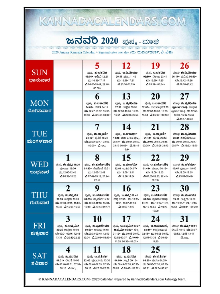 January 2020 Kannada Calendar | PDF