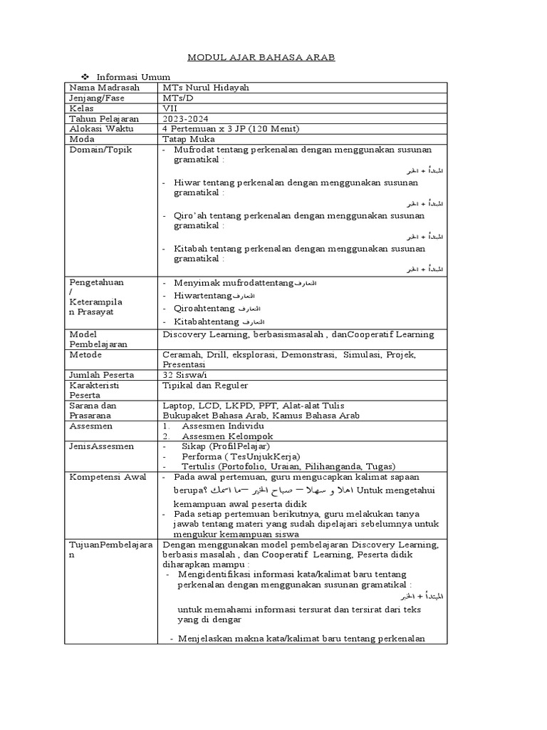 MODUL AJAR PERKENALAN (Ta'aruf) Kurikulum Merdeka Kelas 7 MTs | PDF