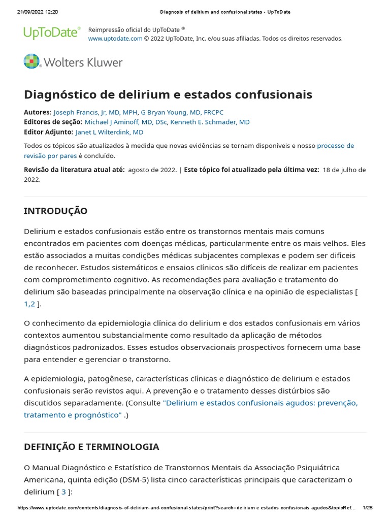 Diagnosis of delirium and confusional states UpToDate PDF