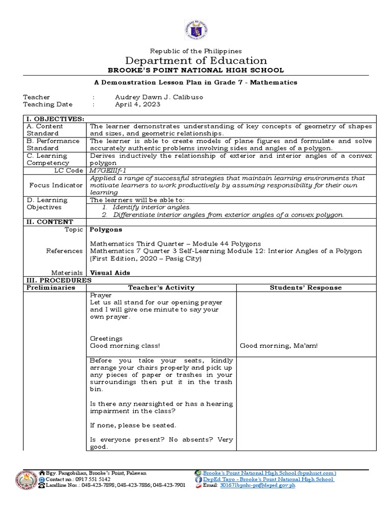 Grade 7 Lesson Plan: Angles in Polygons | PDF | Learning | Geometry