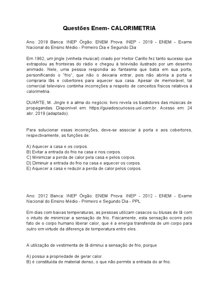 Questões Enem - CALORIMETRIA | PDF | Calor | Forno