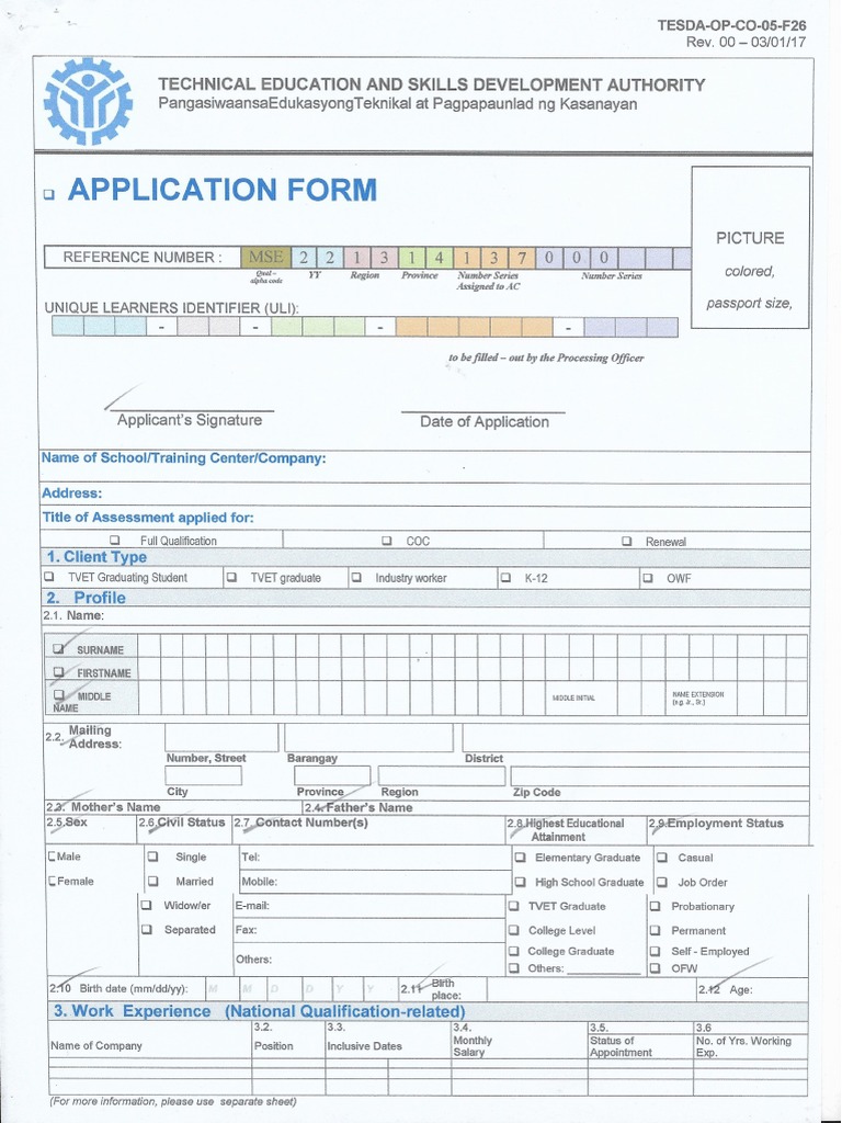 Tesda Application Form PDF