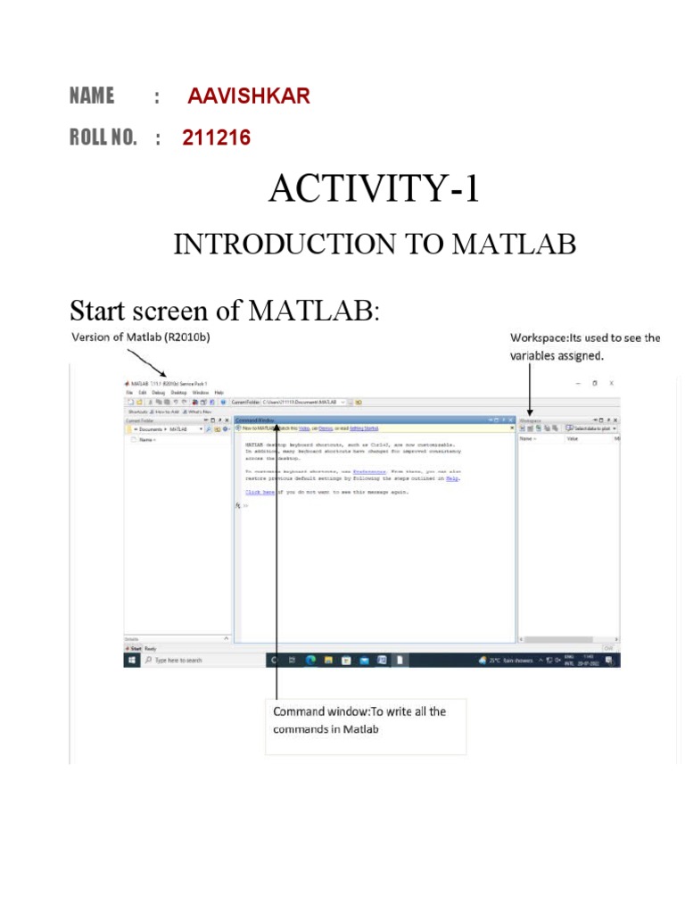 Activity-1: Introduction To Matlab Start Screen of MATLAB | PDF